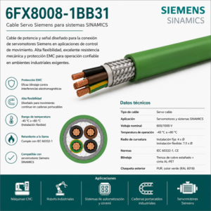 Cable Servo Siemens 6FX8008-1BB31 Compatible SINAMICS PUR Blindado Industrial
