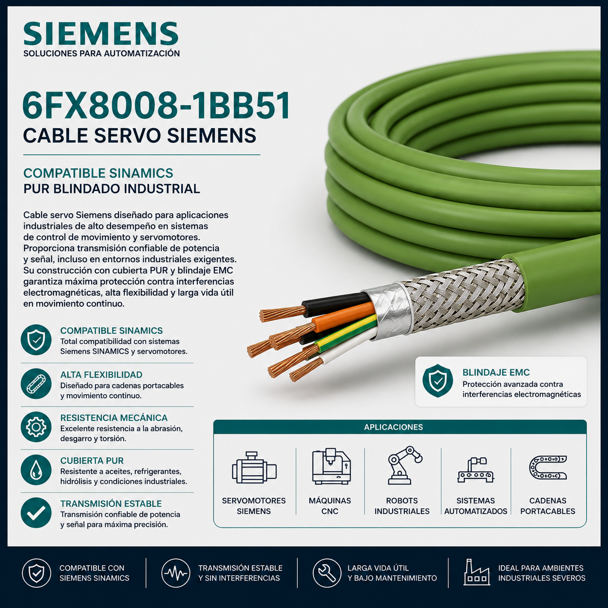 Cable Servo Siemens 6FX8008-1BB51 Compatible SINAMICS PUR Blindado Industrial
