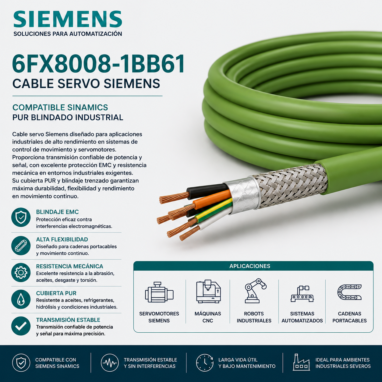 Cable Servo Siemens 6FX8008-1BB61 Compatible SINAMICS PUR Blindado Industrial