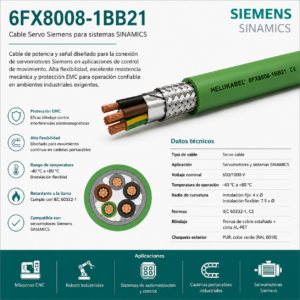 Cable Servo Siemens 6FX8008-1BB21 Compatible SINAMICS PUR Blindado Industrial